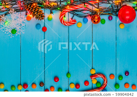 Christmas wooden board blue background garland 59904842