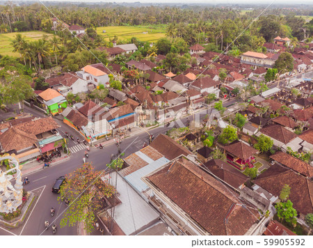 Many villas with brown-orange shingle roofs between tropical trees on the sky background in Ubud on Many villas with brown-orange shingle roofs between tropical trees on the sky background in Ubud on 59905592