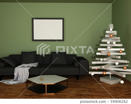 3d rendering of living room with black sofa, green - Stock Illustration ...