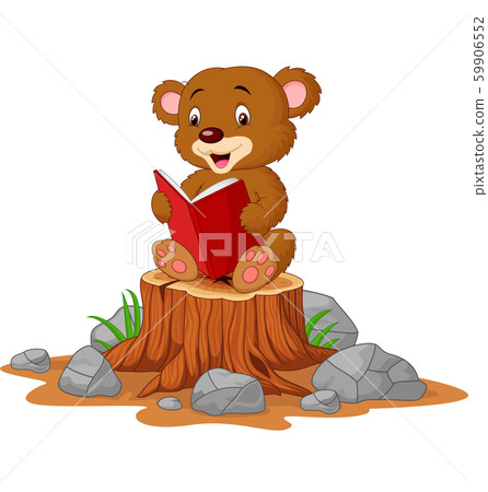 Cute baby bear reading book on tree stump Cute baby bear reading book on tree stump 59906552