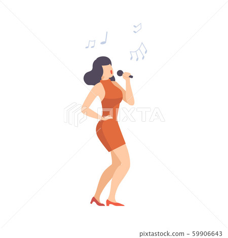 Young Woman Funny Singing Into Microphone Vector Illustration 59906643