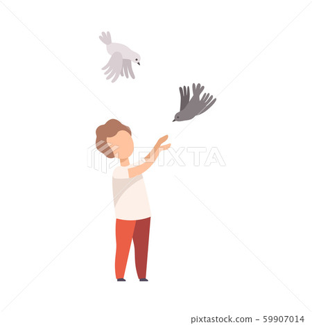 Little Boy Walking in the Park and Catching Pigeons Vector Illustration Little Boy Walking in the Park and Catching Pigeons Vector Illustration 59907014