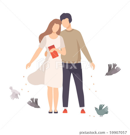Young Couple Walking Along the Park and Feeding Pigeons with Crumbles Vector Illustration 59907057