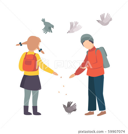 Children Stopped Feeding Pigeons on Their Way Home from School Vector Illustration 59907074