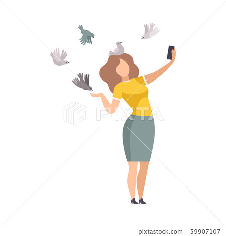 Young Woman Feeding Birds in Park and Making Selfie with Her Smartphone Vector Illustration 59907107