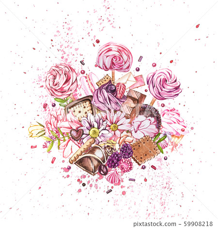 Watercolor sweets collection. Watercolor image of a compositions of sweets, cakes and envelope 59908218
