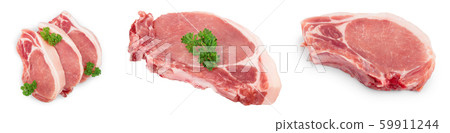 sliced raw pork meat isolated on white background. Top view. Flat lay. Set or collection 59911244