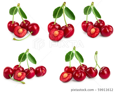 Set of cherries with leaf and cut closeup isolated on white background. Set or collection 59911612