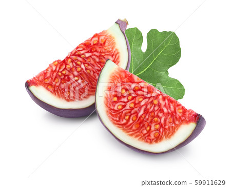 Fresh fig slice fruit with leaf isolated on white background Fresh fig slice fruit with leaf isolated on white background 59911629