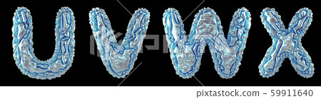Realistic 3D letters set U, V, W, X made of crumpled foil. Collection symbols of crumpled silver 59911640