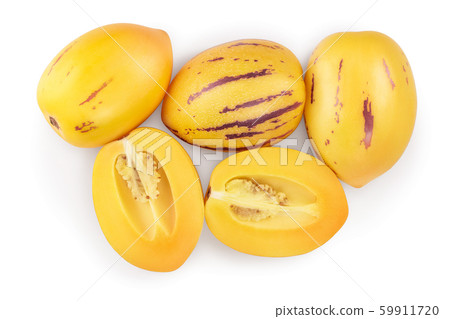 Fresh Pepino fruit with leaves isolated on white background. Top view, flat lay 59911720