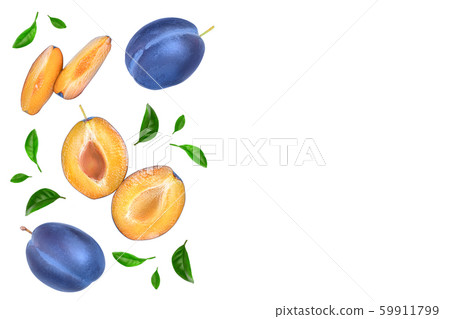 fresh blue plum and half with leaves isolated on white background with copy space for your text. Top fresh blue plum and half with leaves isolated on white background with copy space for your text. Top 59911799