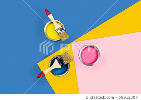 Three-colored background with paint jars and brushes. Three-colored background with paint jars and brushes. 59912307