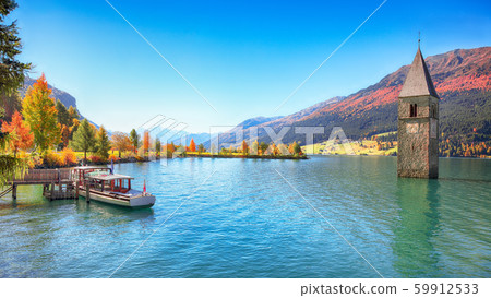 Fantastic autumn lake landscape with a ship near 59912533