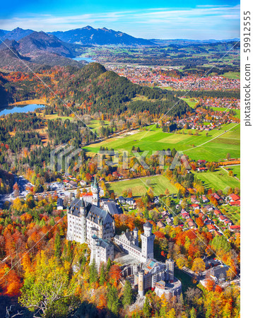 Aerial view of famous Neuschwanstein Castle in 59912555