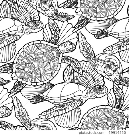Seamless pattern of graphic swimming turtles in black and white colors. Seamless pattern of graphic swimming turtles in black and white colors. 59914330