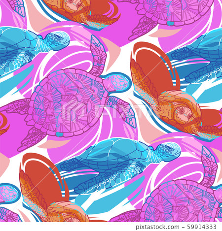 Seamless pattern of graphic swimming turtles in vibrant colors. Seamless pattern of graphic swimming turtles in vibrant colors. 59914333