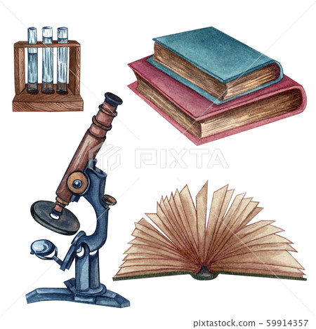 Watercolor science set of books , test tube... - Stock Illustration ...