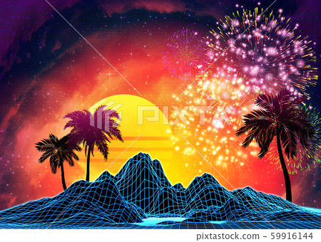 Vaporwave landscape with rocks and palms 59916144