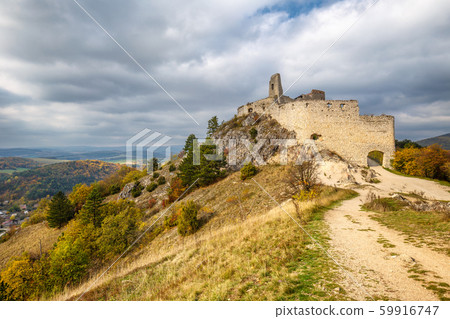 Cachtice castle with surrounding landscape. 59916747