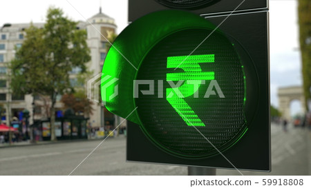 Rupee sign on green traffic light signal. Forex related conceptual 3D rendering Rupee sign on green traffic light signal. Forex related conceptual 3D rendering 59918808