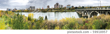 Panorama of Saskatoon, Canada cityscape by river 59918957