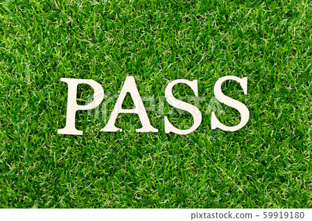 Wood letter in word pass on green grass background Wood letter in word pass on green grass background 59919180