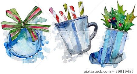 Isolated stocking, candy, cup, berry, ball illustration elements. Christmas winter holiday symbol in 59919485