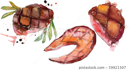 Grilled steak tasty food in a watercolor style set. Barbeque meat illustration background. Isolated 59921307