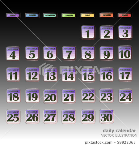 Set of buttons with calendar dates for the month of November. 59922365