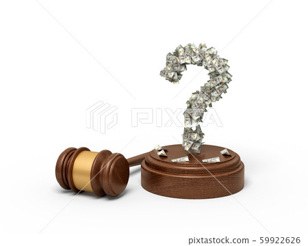 3d rendering of question mark formed with dollar banknotes standing on sounding block with gavel 59922626