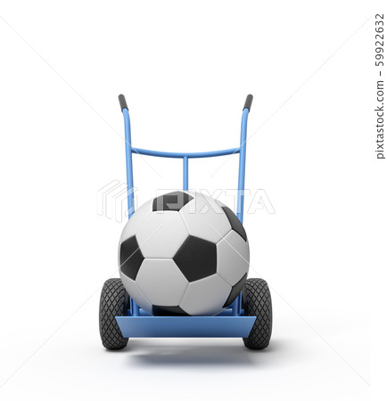 3d rendering of navy blue hand truck standing upright with football on it. 3d rendering of navy blue hand truck standing upright with football on it. 59922632