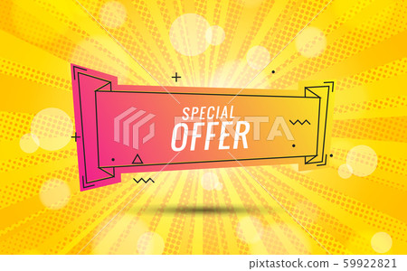 Discount banner shape. Special offer badge. Sale coupon bubble icon. Abstract yellow sunbeams 59922821