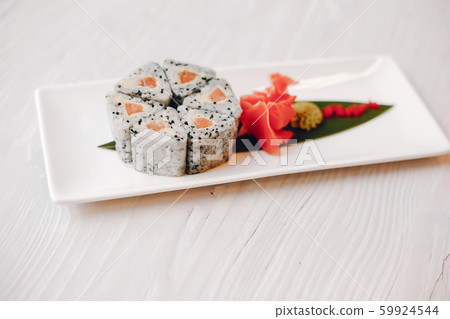Close-up of sushi on plate in a cafe Close-up of sushi on plate in a cafe 59924544