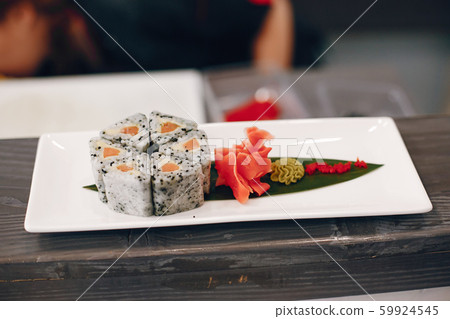 Close-up of sushi on plate in a cafe Close-up of sushi on plate in a cafe 59924545