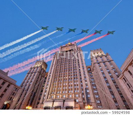 Ministry of Foreign Affairs of the Russian Federation and Russian military aircrafts fly in formation, Moscow, Russia 59924598