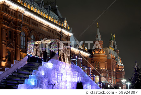 Christmas (New Year holidays) illumination and State Historical Museum at night, near the Kremlin in Moscow, Russia Christmas (New Year holidays) illumination and State Historical Museum at night, near the Kremlin in Moscow, Russia 59924897