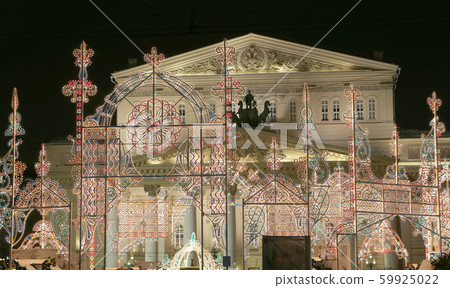 Bolshoi Theatre (Large, Great or Grand Theatre, also spelled Bolshoy) illuminated to Christmas and New Year holidays at night. Moscow, Russia Bolshoi Theatre (Large, Great or Grand Theatre, also spelled Bolshoy) illuminated to Christmas and New Year holidays at night. Moscow, Russia 59925022