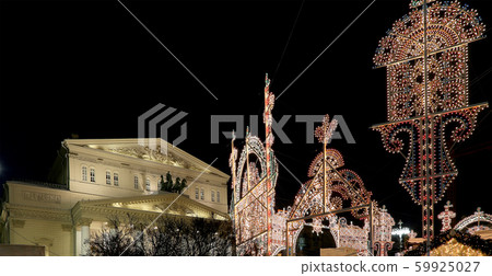 Bolshoi Theatre (Large, Great or Grand Theatre, also spelled Bolshoy) illuminated to Christmas and New Year holidays at night. Moscow, Russia Bolshoi Theatre (Large, Great or Grand Theatre, also spelled Bolshoy) illuminated to Christmas and New Year holidays at night. Moscow, Russia 59925027