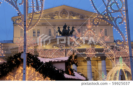 Bolshoi Theatre (Large, Great or Grand Theatre, also spelled Bolshoy) illuminated to Christmas and New Year holidays at night. Moscow, Russia Bolshoi Theatre (Large, Great or Grand Theatre, also spelled Bolshoy) illuminated to Christmas and New Year holidays at night. Moscow, Russia 59925037