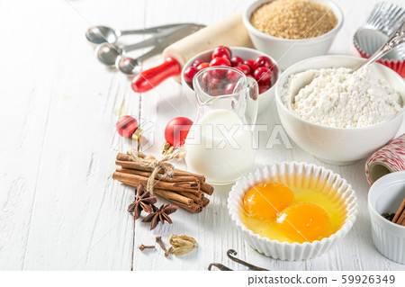Christmas baking concept - ingredients and decorations 59926349