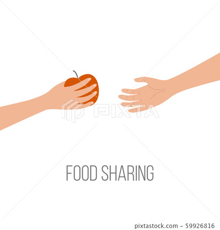Food sharing donating hunger poverty concept. Hand giving apple. Vector illustration in cartoon Food sharing donating hunger poverty concept. Hand giving apple. Vector illustration in cartoon 59926816