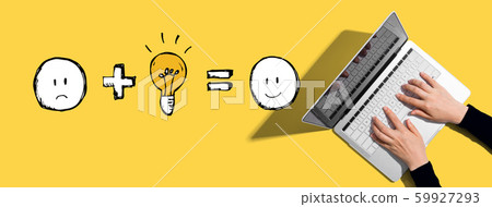 Good idea equals happy with person using laptop Good idea equals happy with person using laptop 59927293