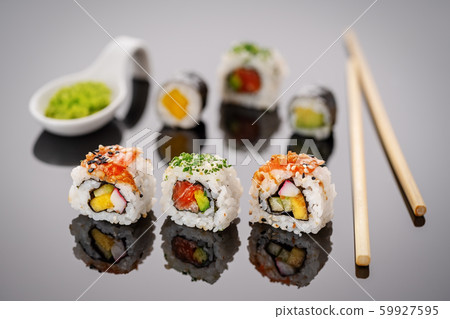Traditional japanese sushi on the table with wasabi. Traditional japanese sushi on the table with wasabi. 59927595