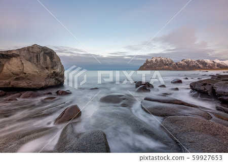 Beautiful rocks at Uttakleiv Beach, Lofoten Islands, Norway, Scandinavia, long exposure 59927653