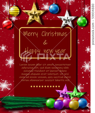 Vector illustration of a Christmas card, it has red background decorated with many colorful Christmas balls and golden stars, snow and snowflakes. And there is a space to enter text. Vector illustration of a Christmas card, it has red background decorated with many colorful Christmas balls and golden stars, snow and snowflakes. And there is a space to enter text. 59934880