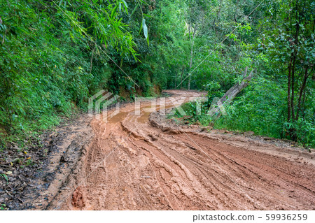 road wet muddy of backcountry countryside in rainy road wet muddy of backcountry countryside in rainy 59936259