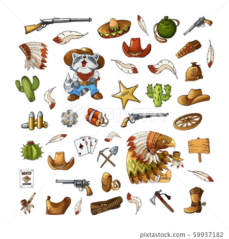 Vector hand drawn wild west indians elements stickers set illustration 59937182