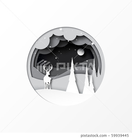 Paper cut of deer and pine forest winter season landscap.Merry christmas and happy new year concept background. Paper cut of deer and pine forest winter season landscap.Merry christmas and happy new year concept background. 59939445