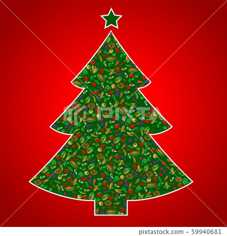 Vegan Christmas and healthy eating with fruit and vegetables icons in a christmas tree. Vegan Christmas and healthy eating with fruit and vegetables icons in a christmas tree. 59940681